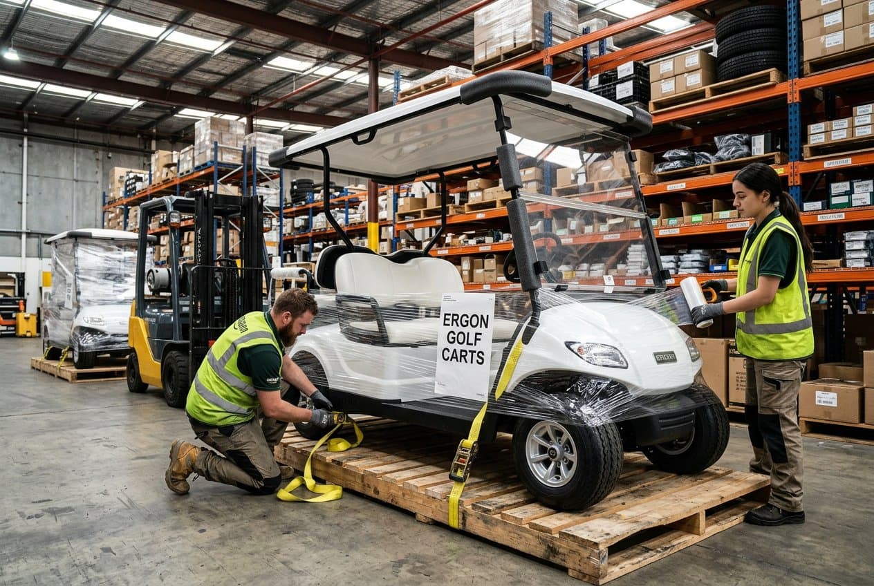 Ergon Golf Carts warehouse team strapping and wrapping a new golf cart onto a heavy-duty freight pallet
