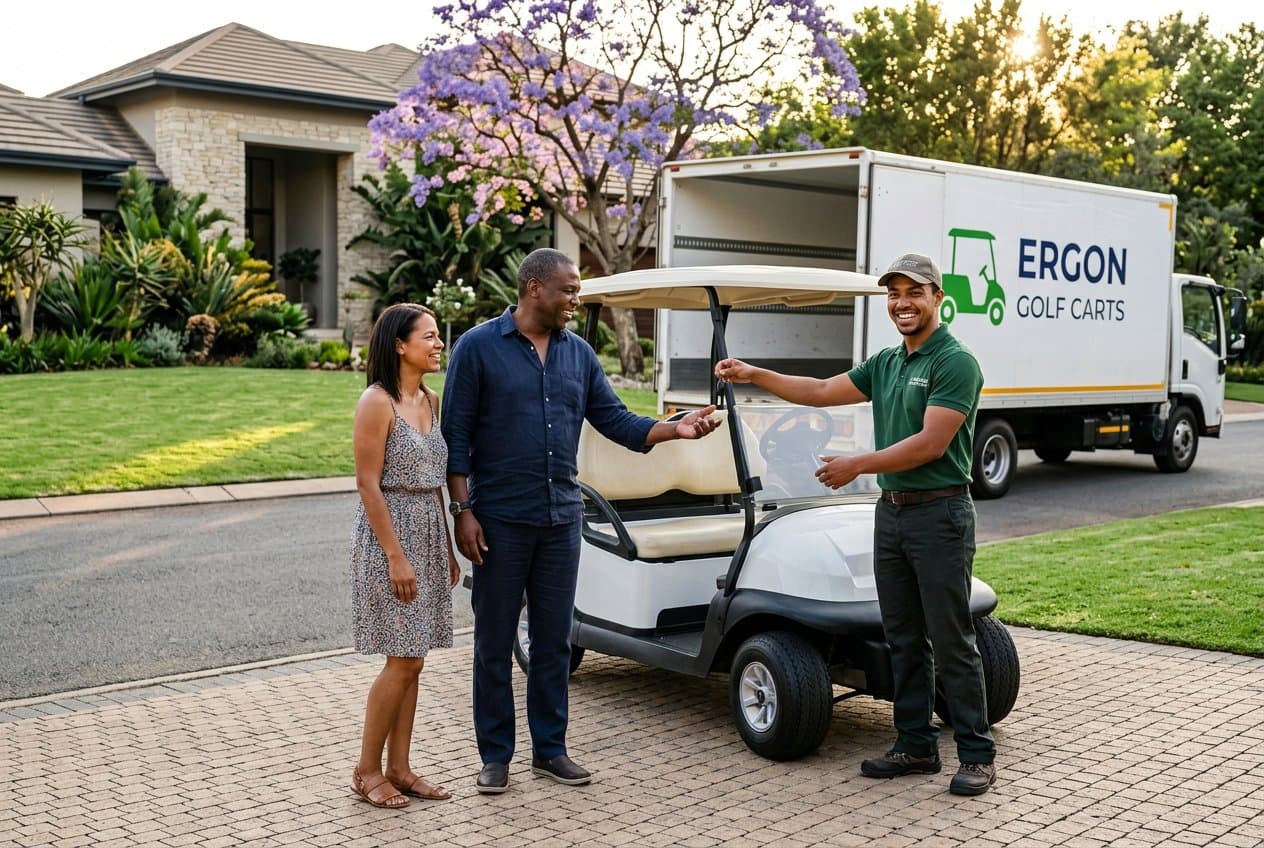 Ergon Golf Carts driver handing over a new golf cart to customers on their estate driveway