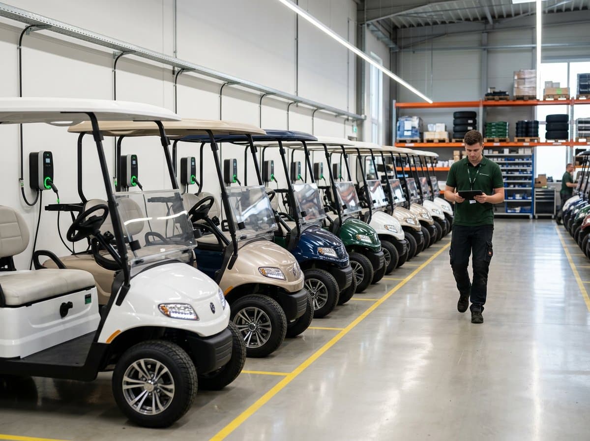 Rows of new electric golf carts on charge in the Ergon Golf Carts preparation hall
