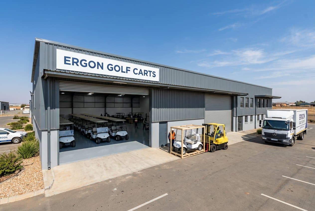 Ergon Golf Carts preparation and fulfilment facility in Vanderbijlpark with new golf carts inside and a crated cart on the loading dock