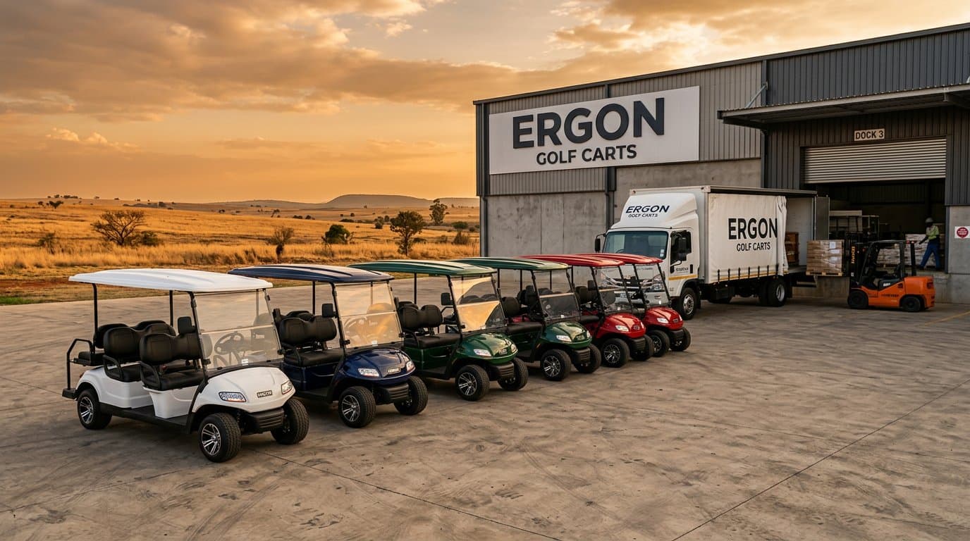 Electric golf carts lined up outside the Ergon Golf Carts preparation and fulfilment facility in Vanderbijlpark while a freight truck is loaded